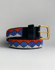 orange, blue and white geometric patterned beaded belt