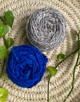display of indigo and perl colored yarn