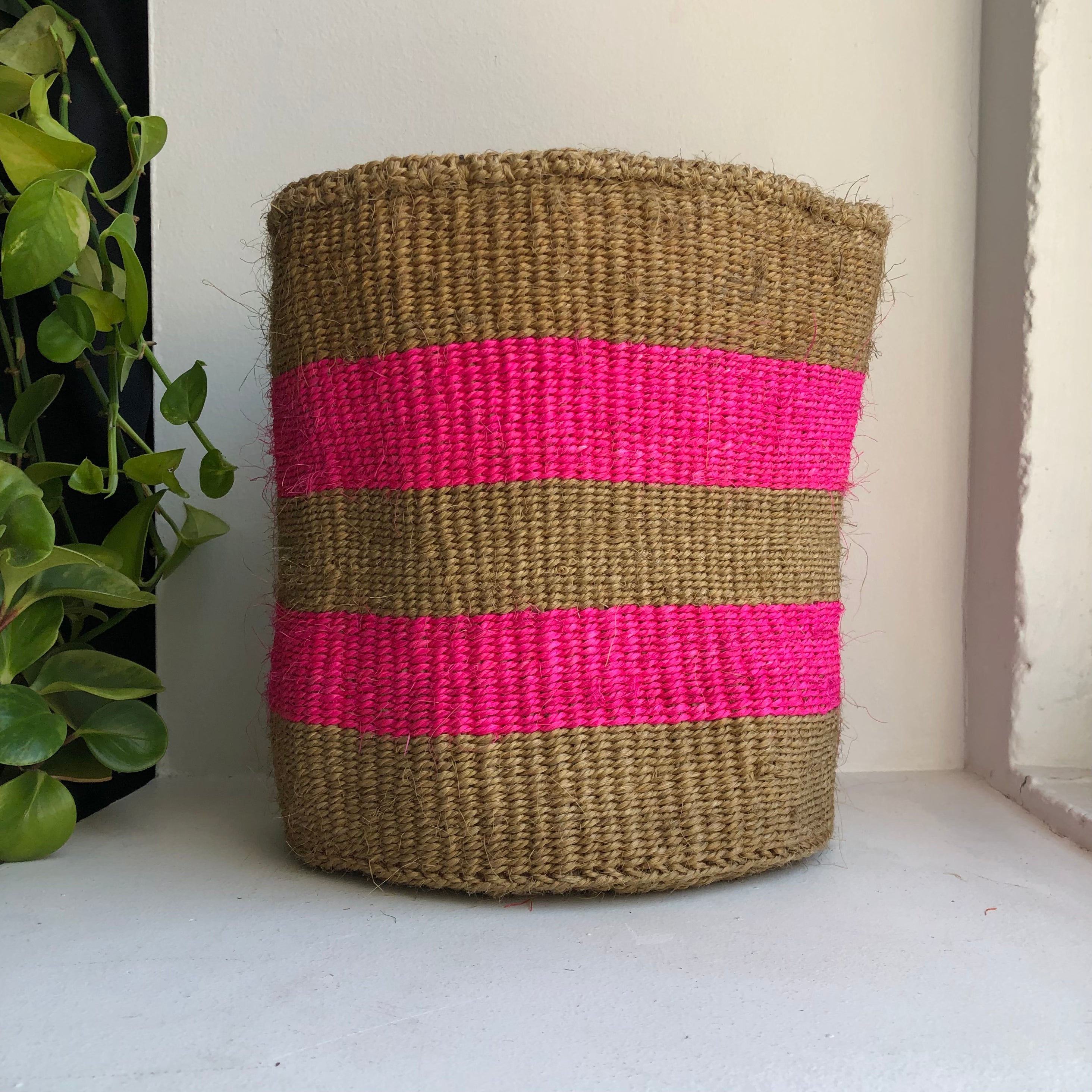10" sisal basket with pink stripes