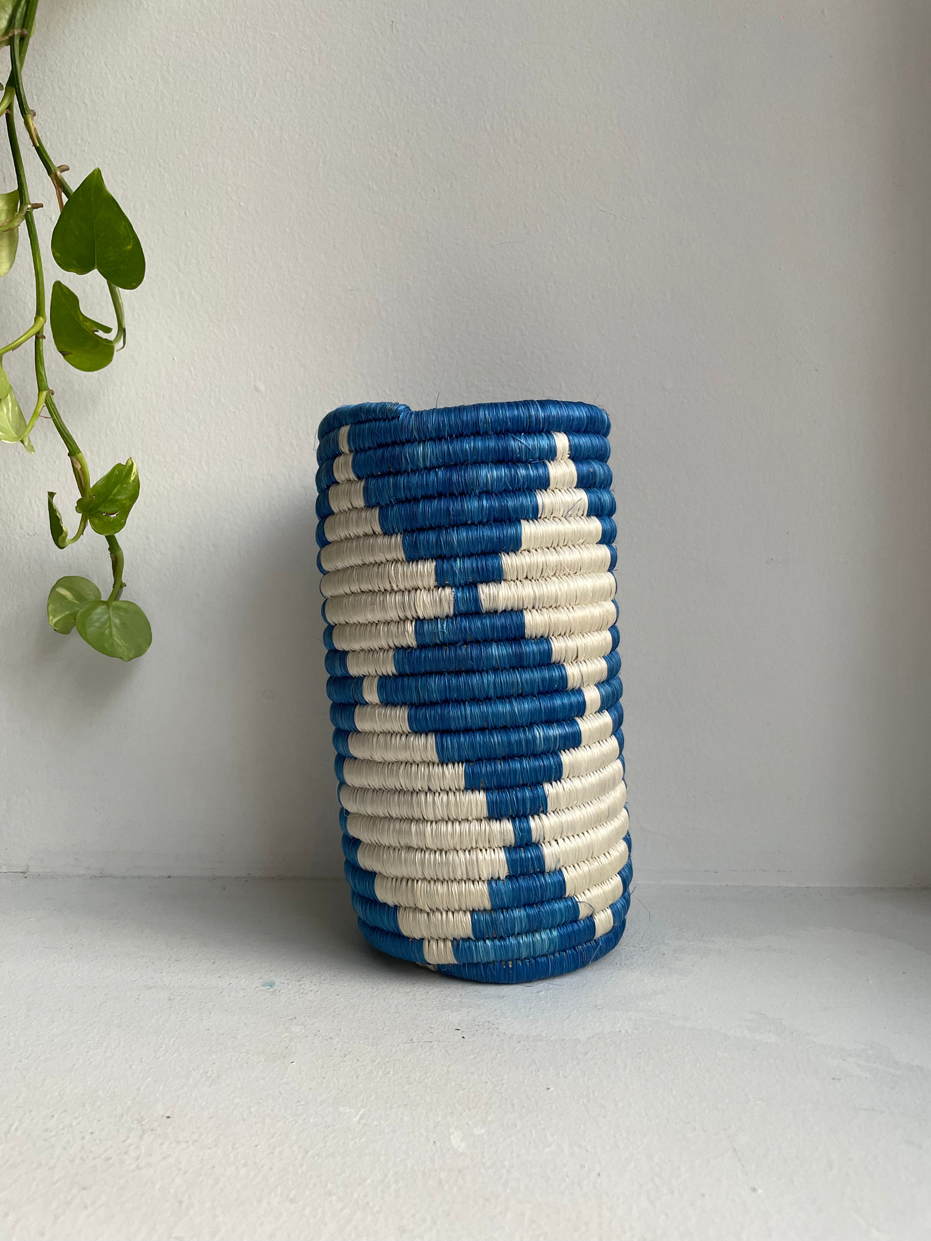 Display of blue and white diamond vase