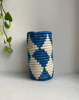 Display of blue and white diamond vase