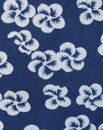 Close up display of blue and white floral dress, fabric.