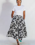 Model wearing black and white abstract culotte.