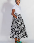 Model wearing black and white abstract culotte.