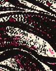 Close up display of pink, black and white glitter print dress, fabric.