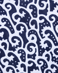 Close up display of blue and white swirl print dress, fabric.