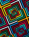 Close up display of geometric print with rainbow colored dress