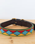 Blue, red and yellow diamond Masai beaded dog collar