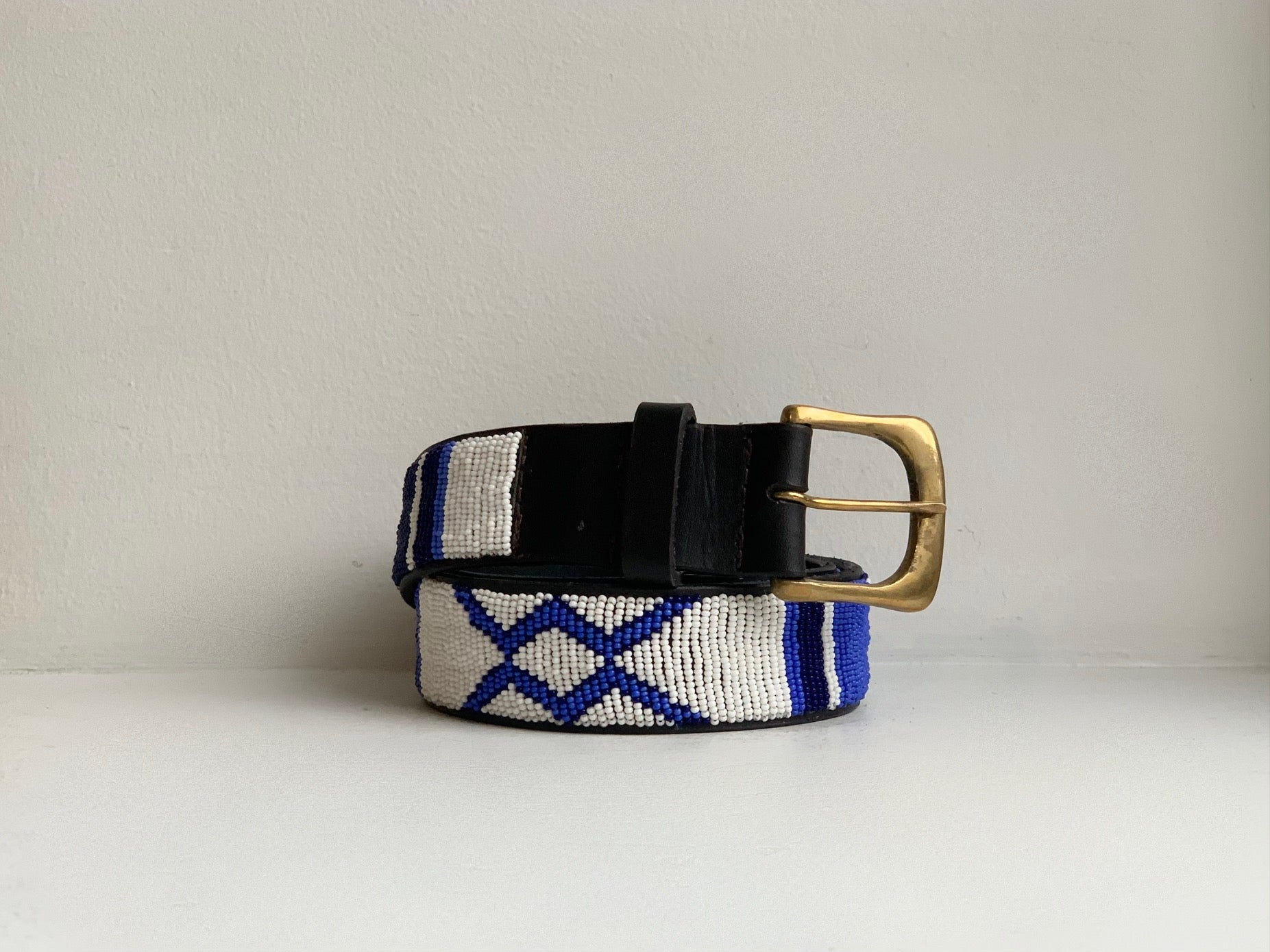 Blue and white beaded belt