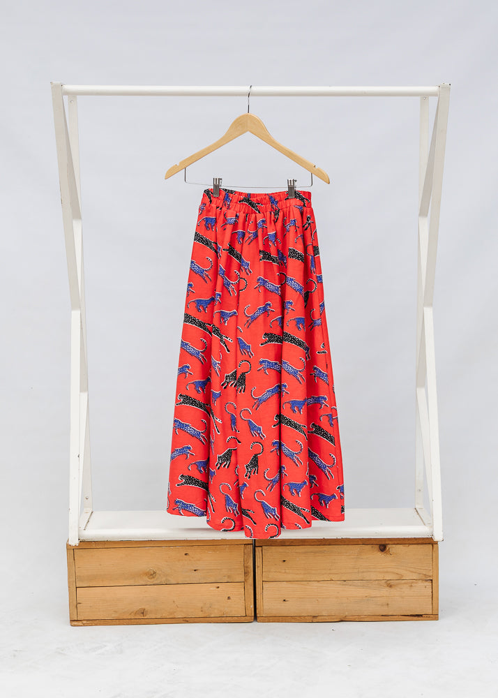 Display of red cat print culotte.