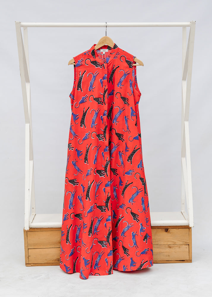 Display of red, cat print dress.