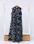Display of navy and gray abstract print maxi dress.