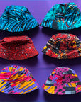 Display image of reversible, patchwork bucket hats.