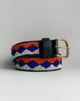 orange, blue and white geometric patterned beaded belt