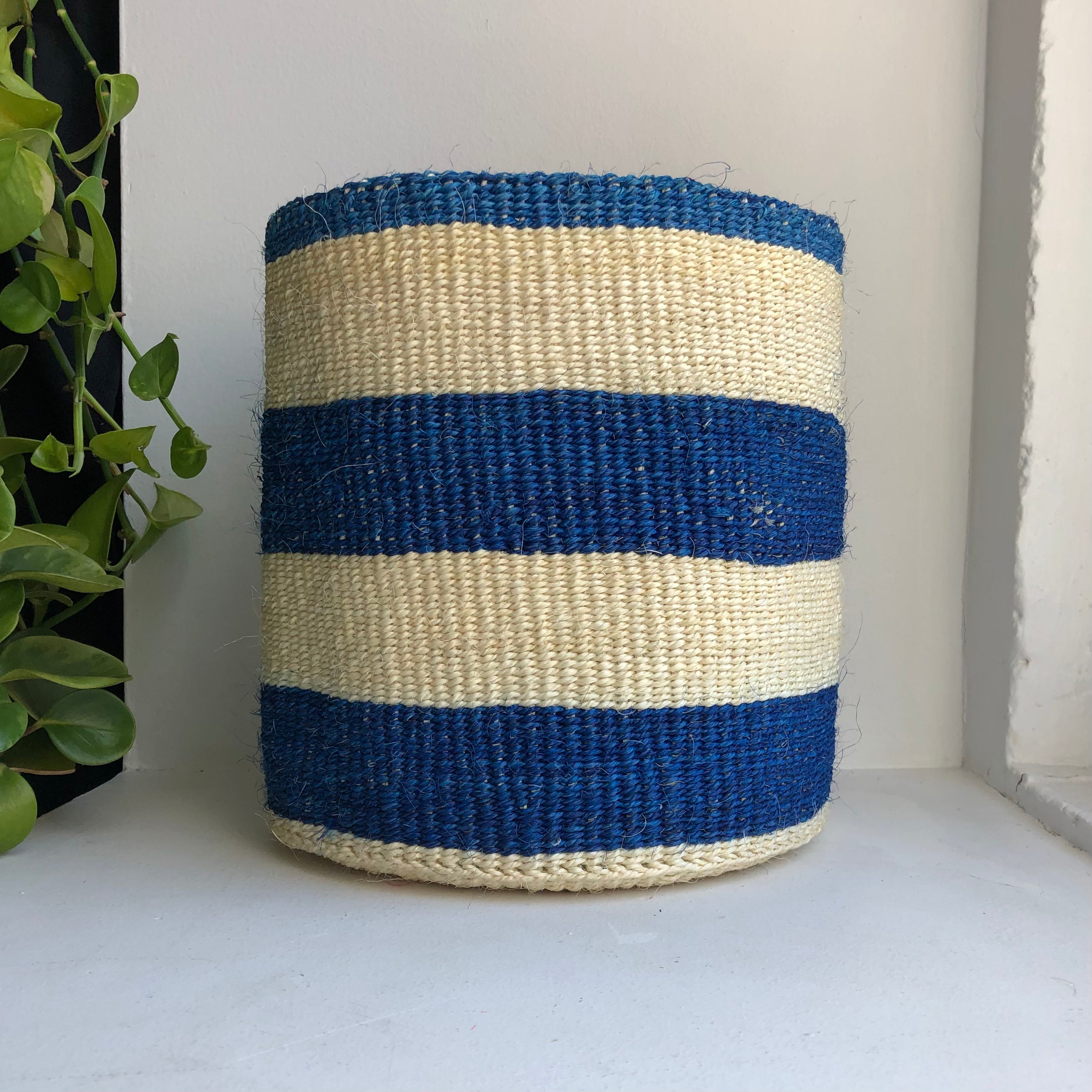 10" sisal basket with blue stripes