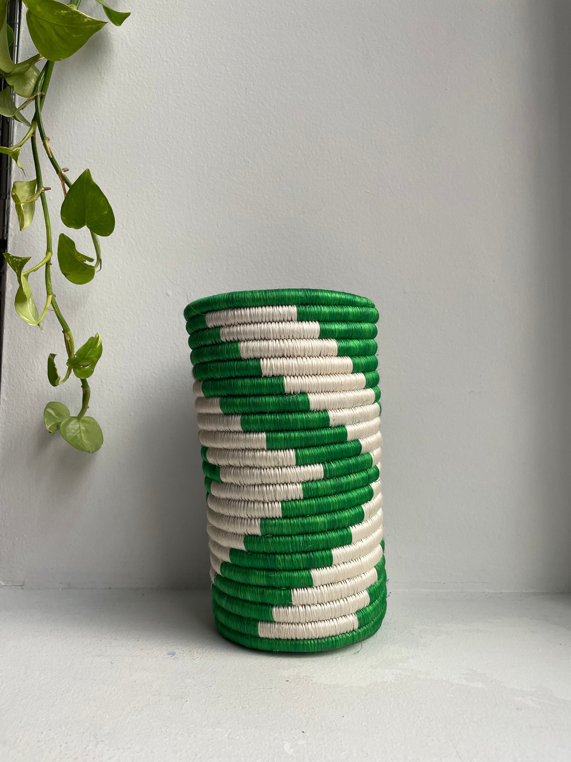 Display of white and green chevron vase 