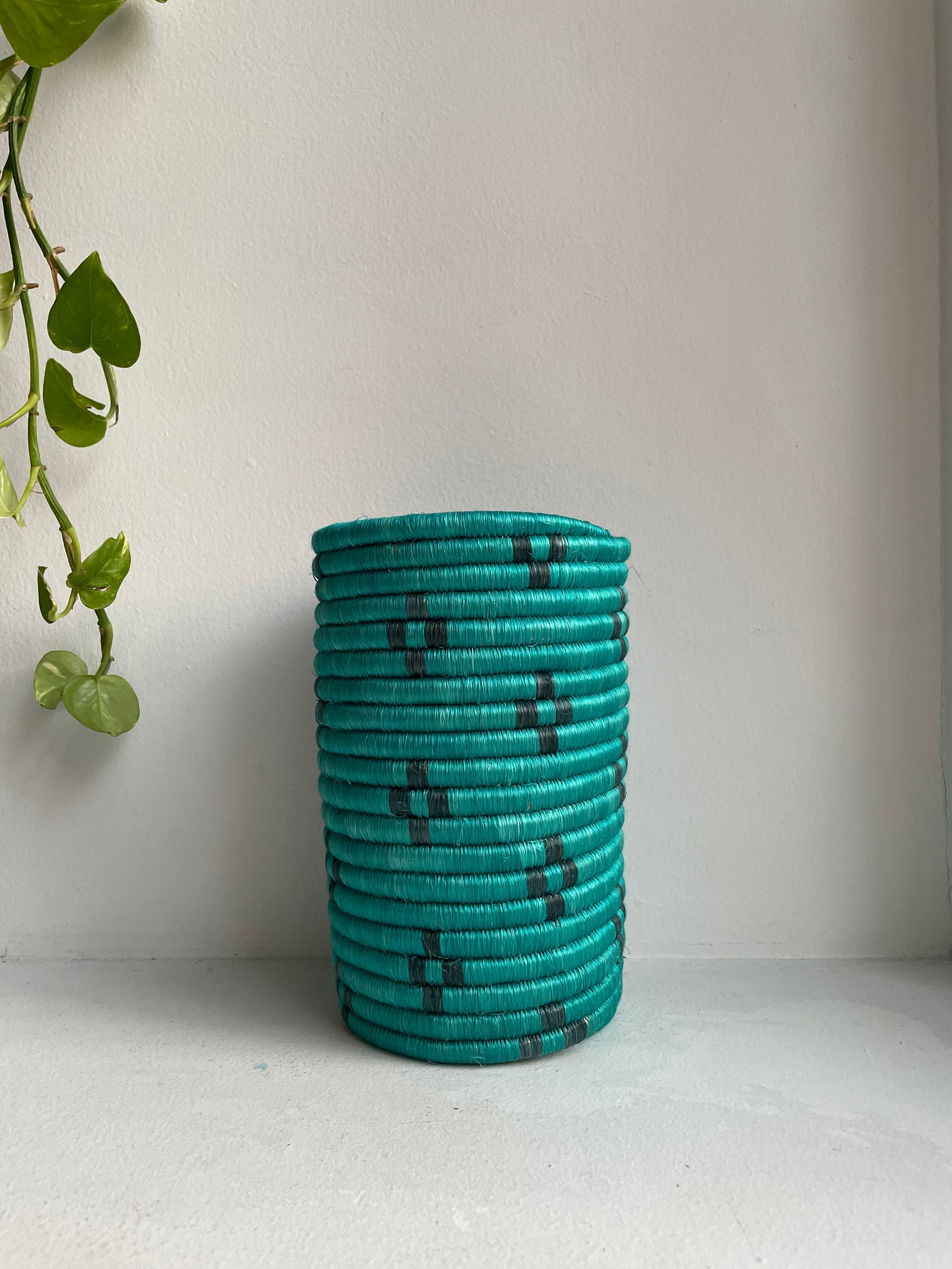 Display of mint blue colored vase with black flowers