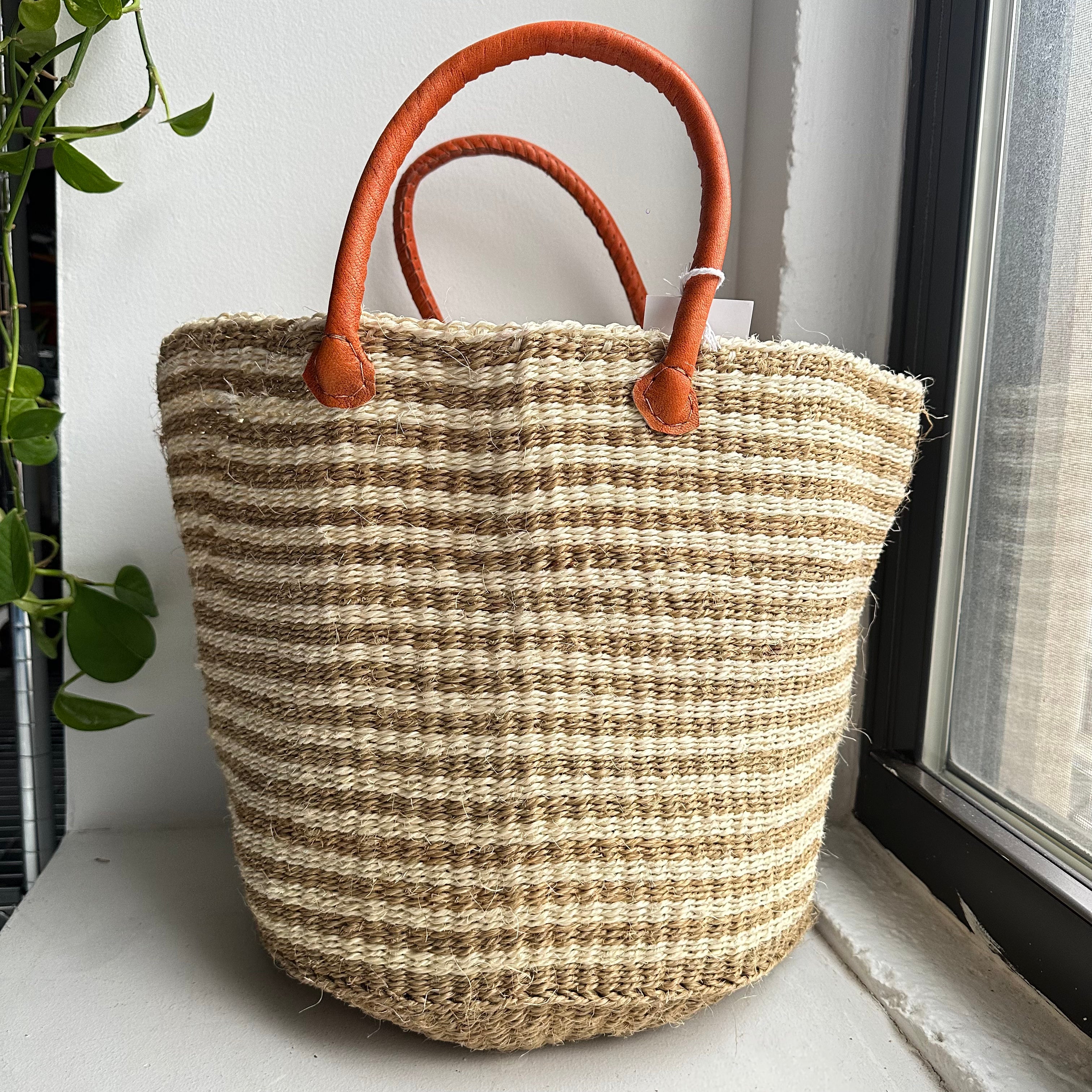 natural striped handle basket
