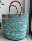blue woven striped handle basket