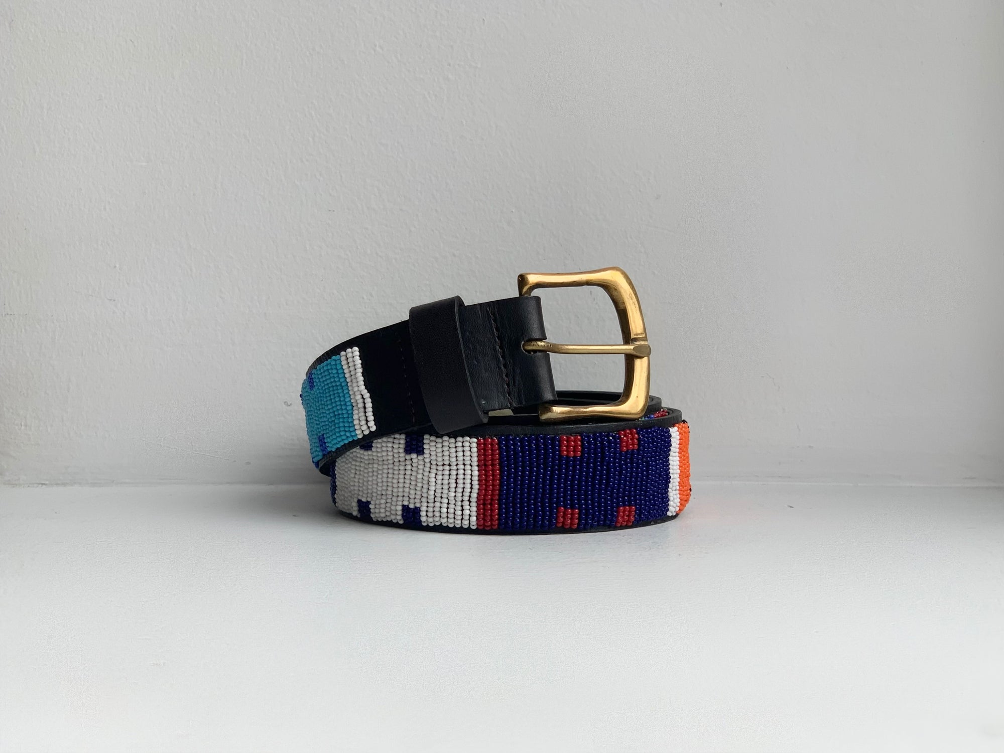 Rainbow beaded belt with square geometric print