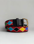 Red beaded belt with rainbow diamonds