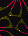 Close up display of navy and green dress with pink floral print, fabric.