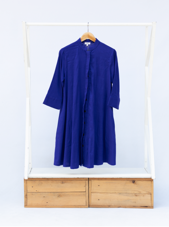 Display of deep blue linen dress.