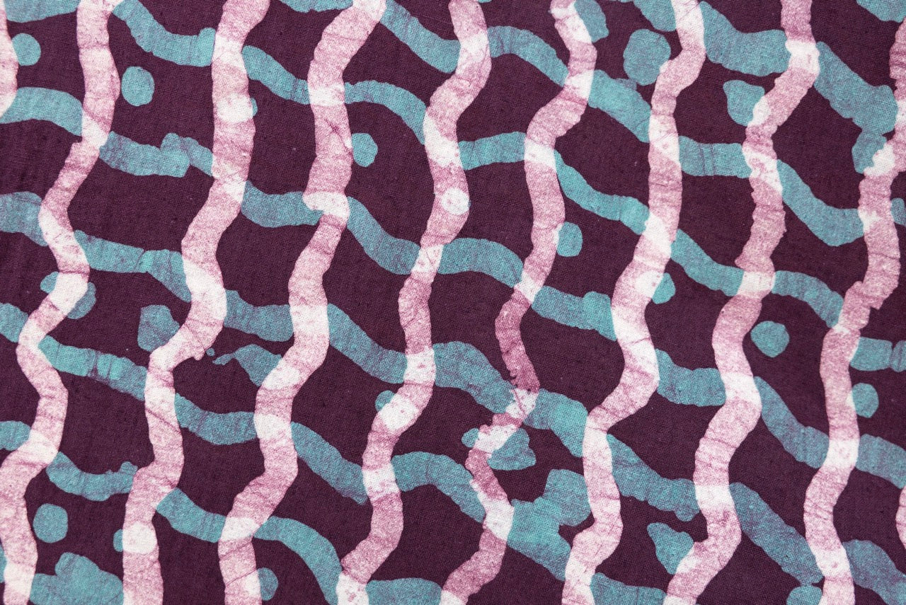 Close up display of purple and blue batik dress, fabric.