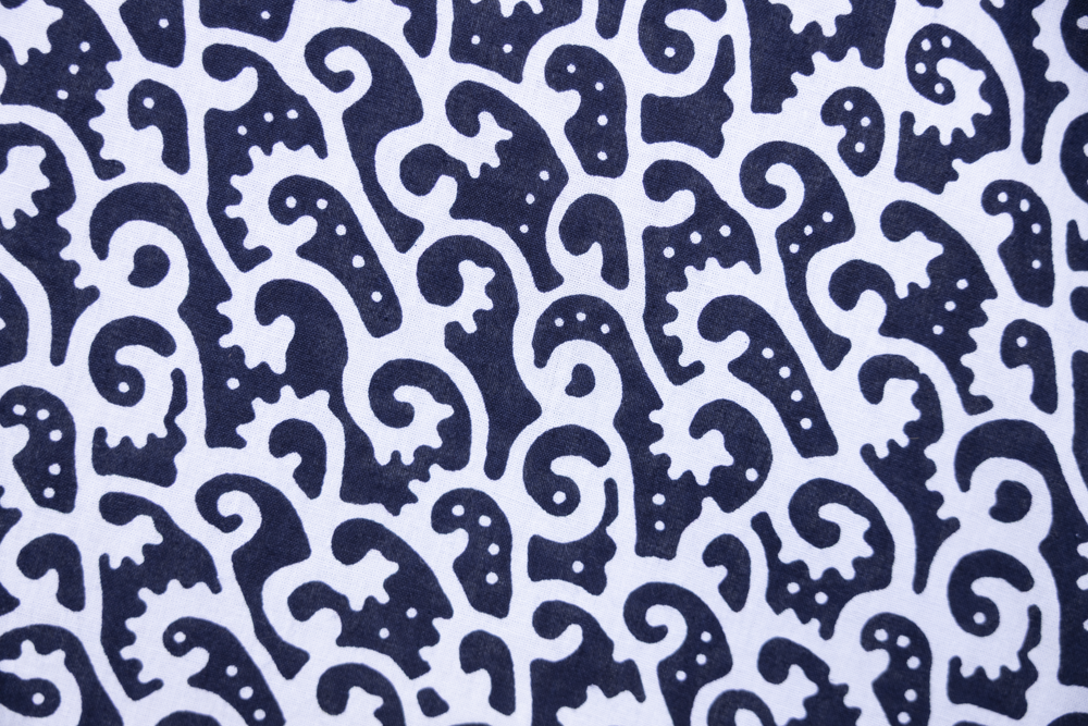 Close up display of blue and white swirl print dress, fabric.