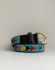 Blue beaded belt with rainbow arrows