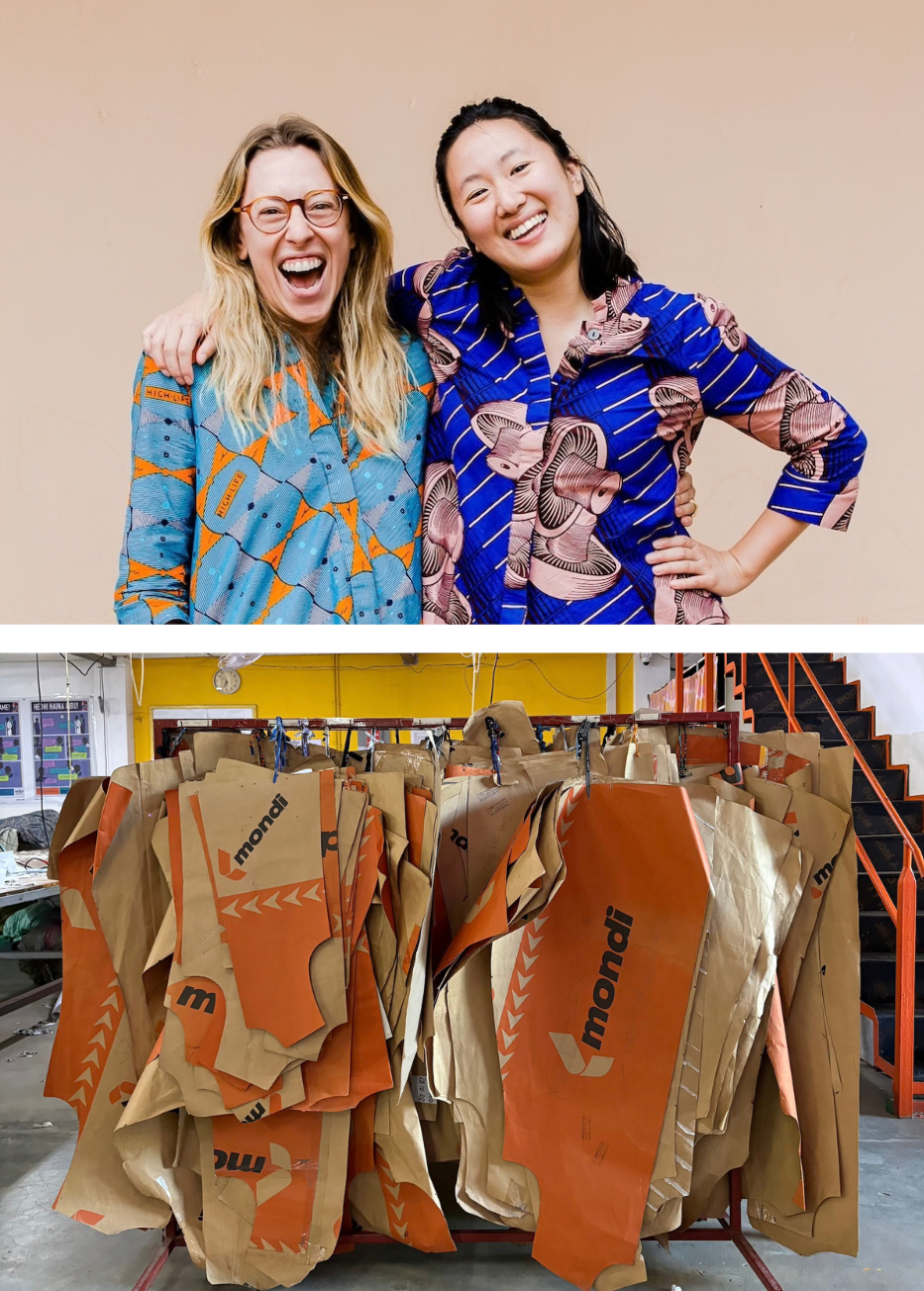 A two-panel image showing women laughing while wearing patterned blue and orange shirts, alongside a rack of folded shirts in orange and beige tones with the Mondri logo.