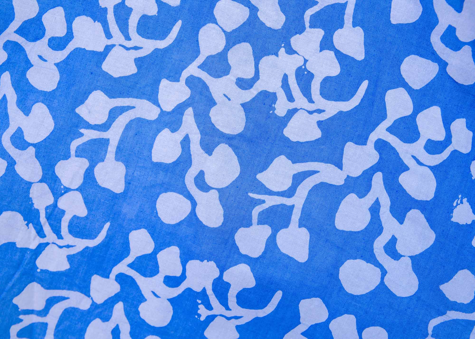 Close up display of blue and white leaf print dress