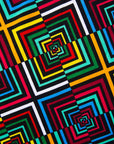 Close up display of geometric print with rainbow colored dress 