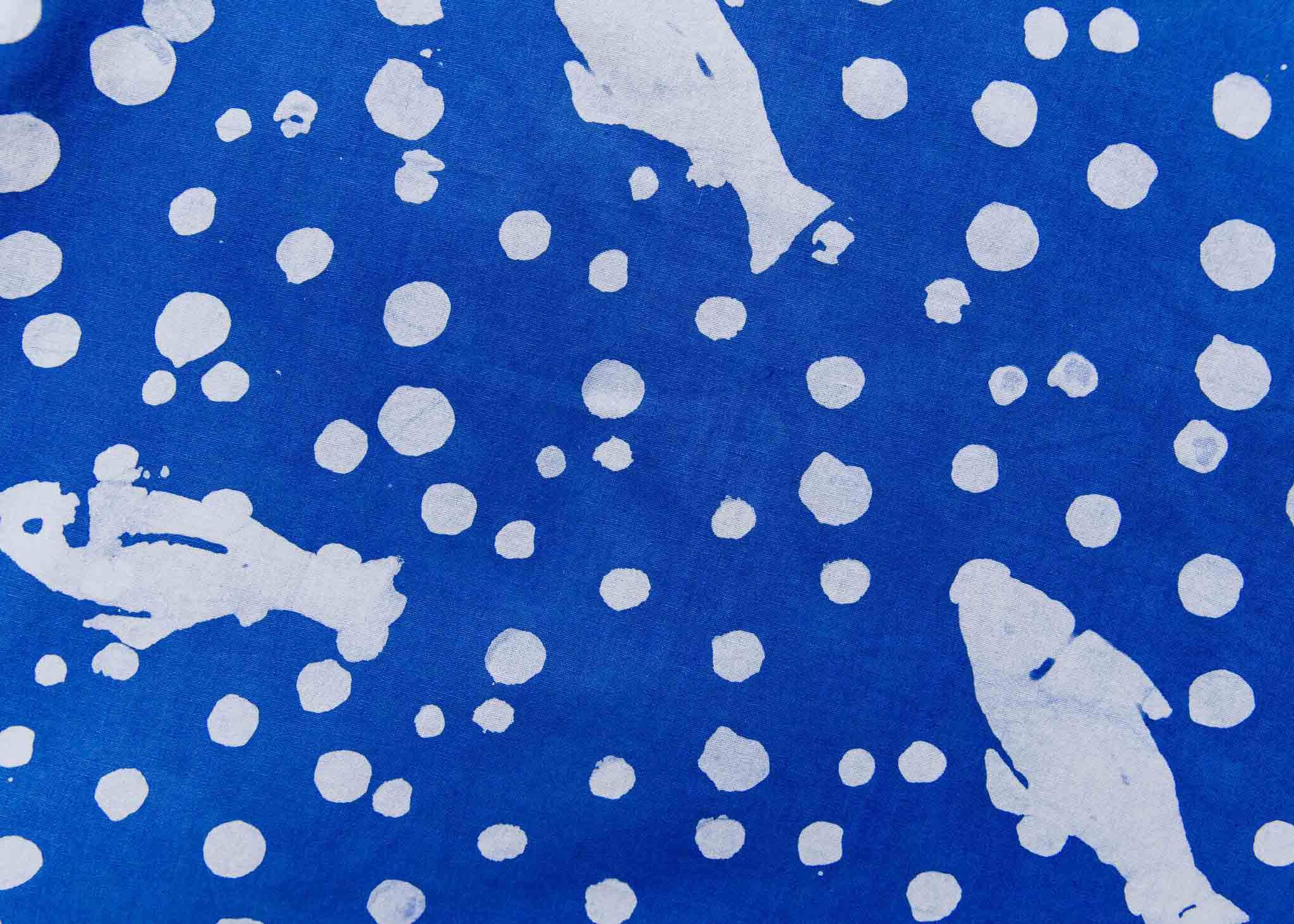 Display of blue dress with white fishes and polka dots.