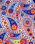 Close up display of multi-colored paisley print dress