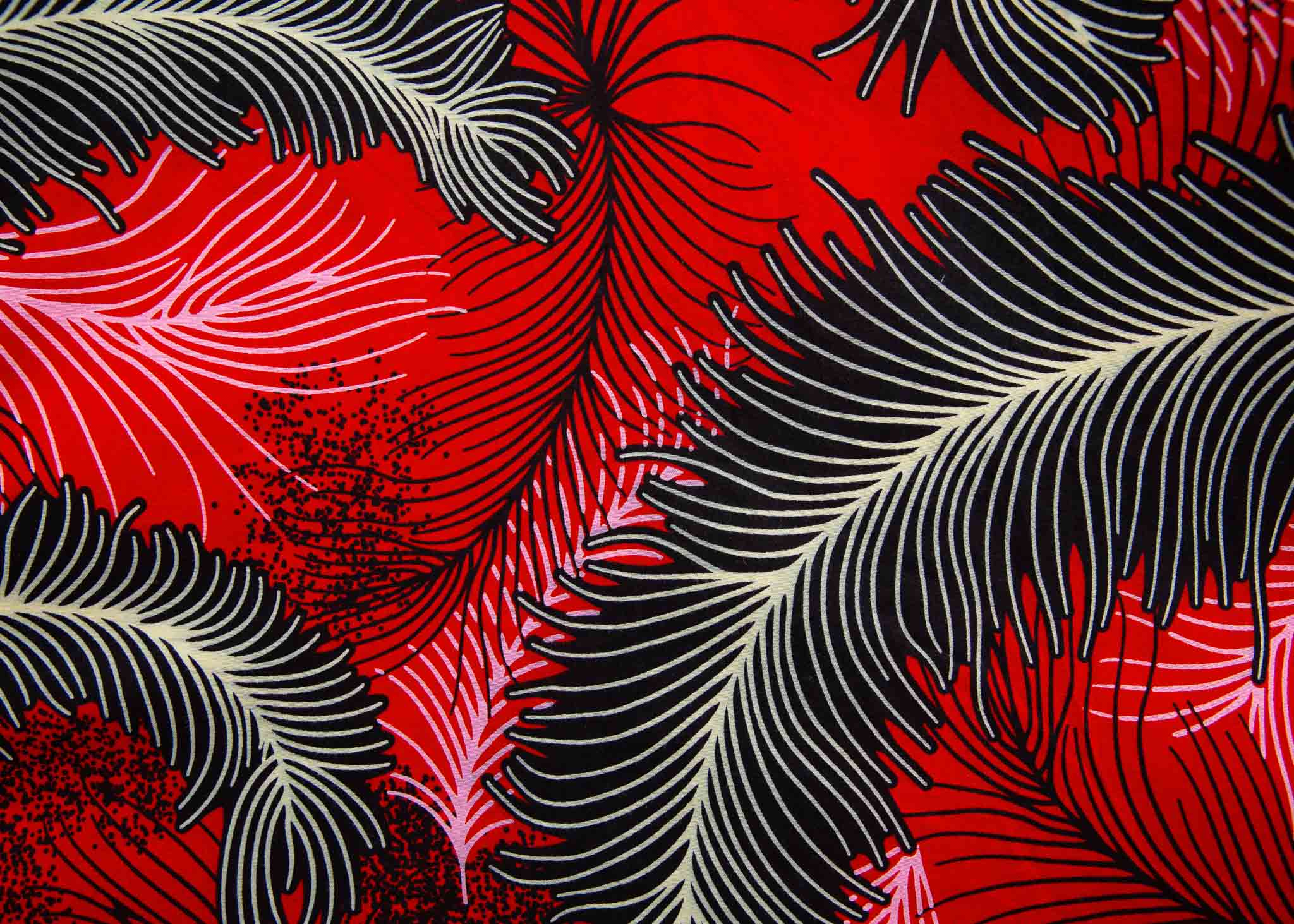 Display of red dress with black and white feather print.