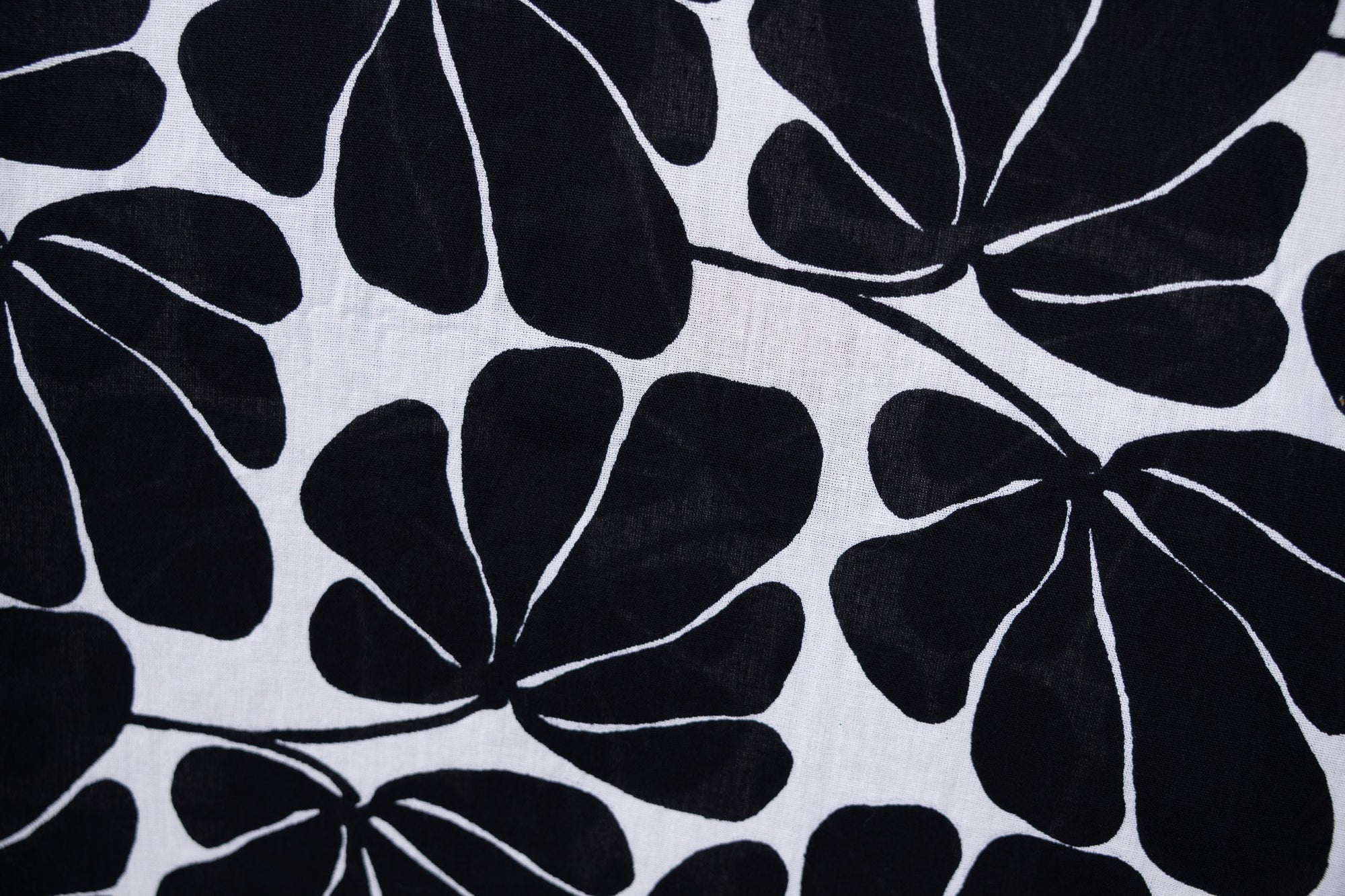Close up display of black and white floral print dress, fabric.