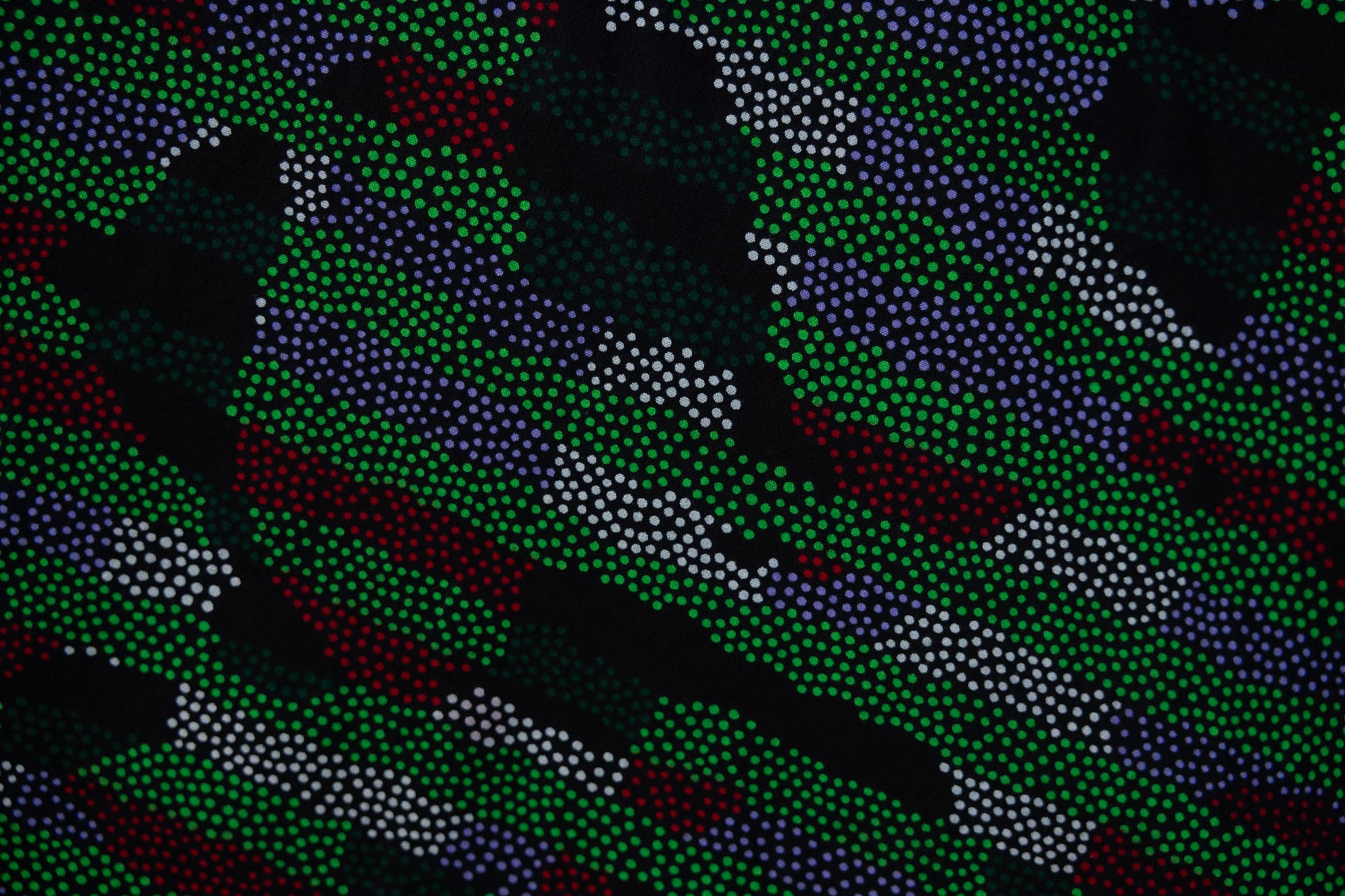 Close up display of green camo print like dress, fabric.