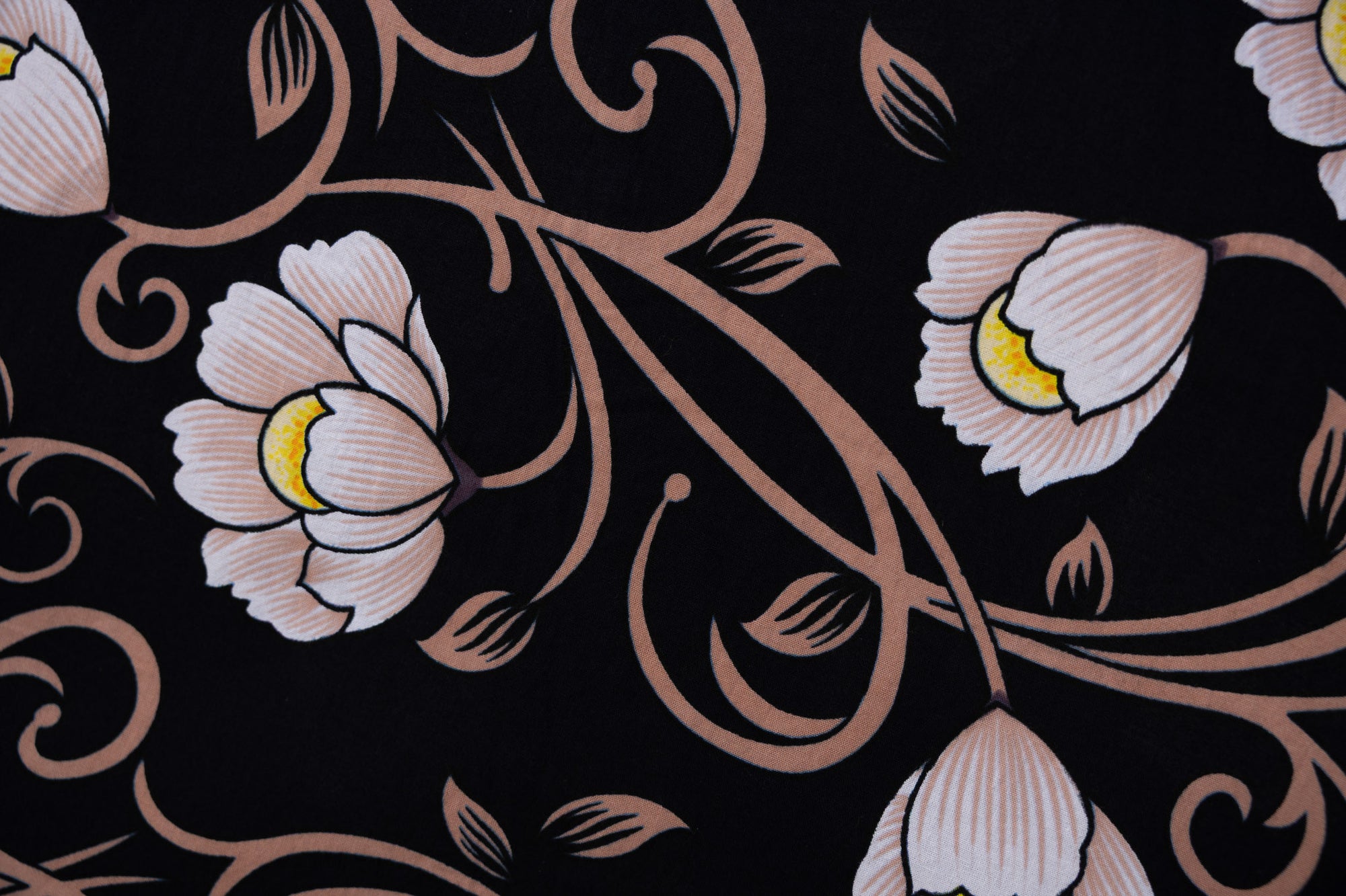 Close up display of black dress with pink and yellow floral print, fabric