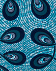 Display of blue dress with loop print.