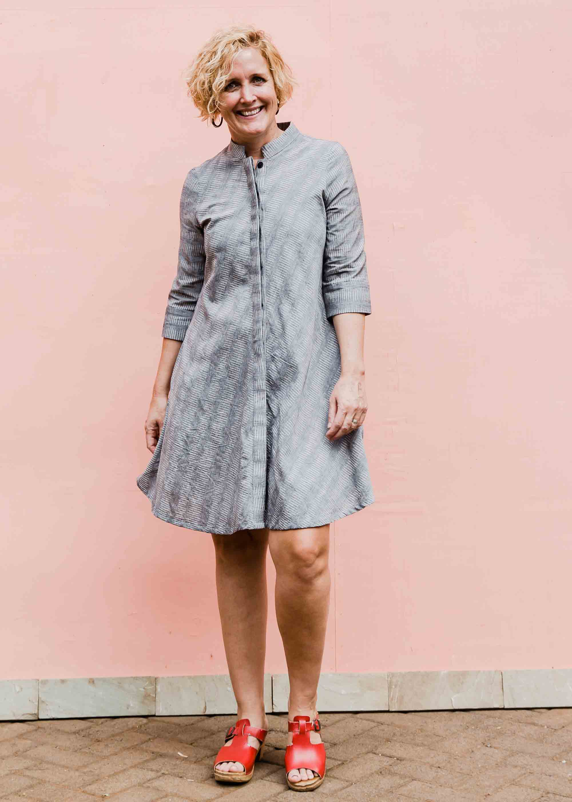 model wearing a grey ikat dress