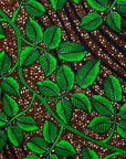Display of brown dress with green vine print.
