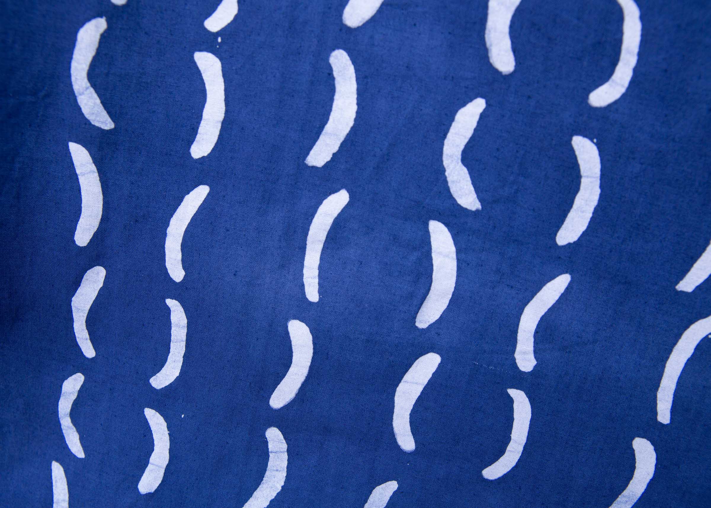 Close up display of blue and white batik dress, fabric.