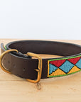 Blue, red and yellow diamond Masai beaded dog collar