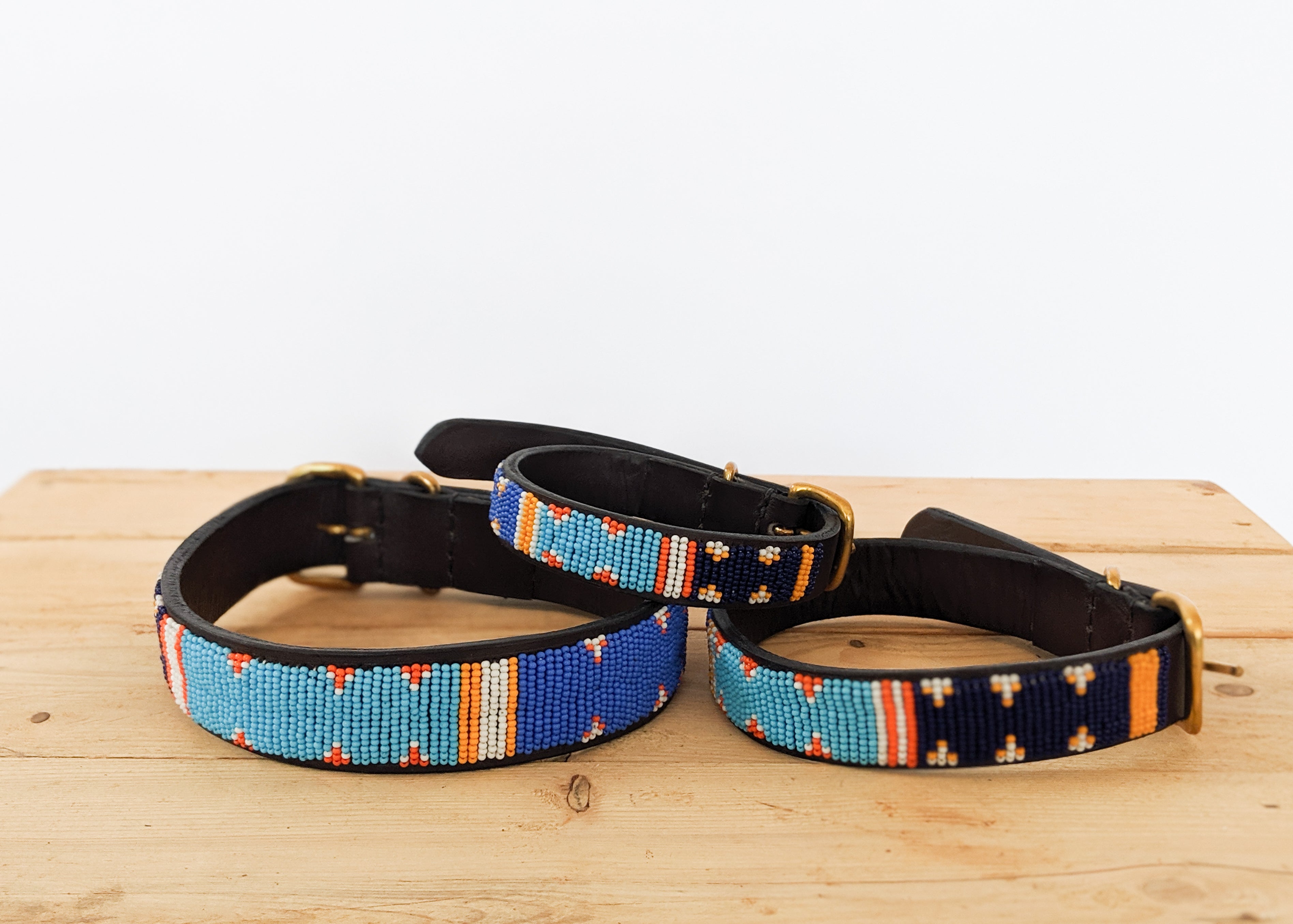 Blue, light blue, black and orange Masai beaded dog collar