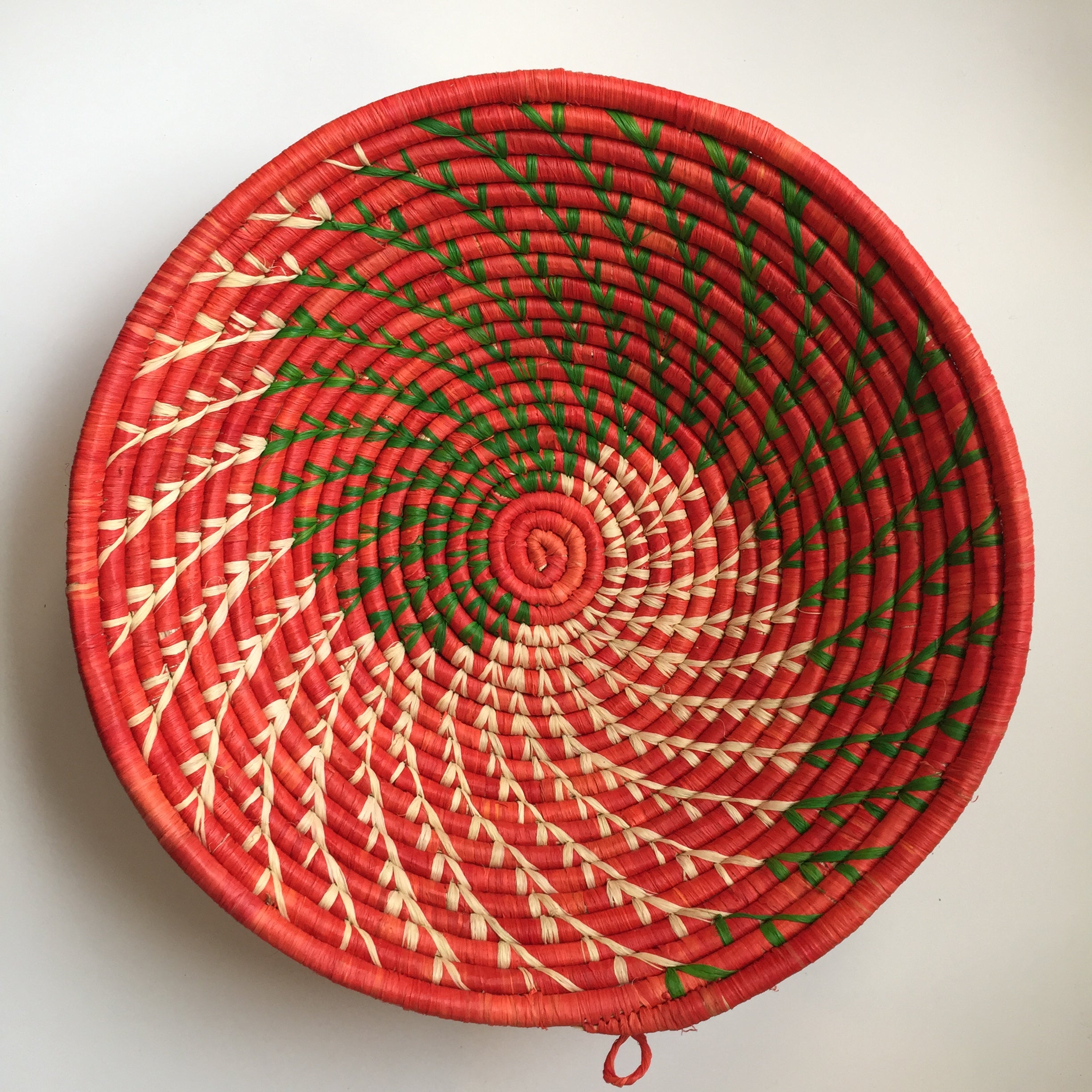 Red and green swirl woven bowls