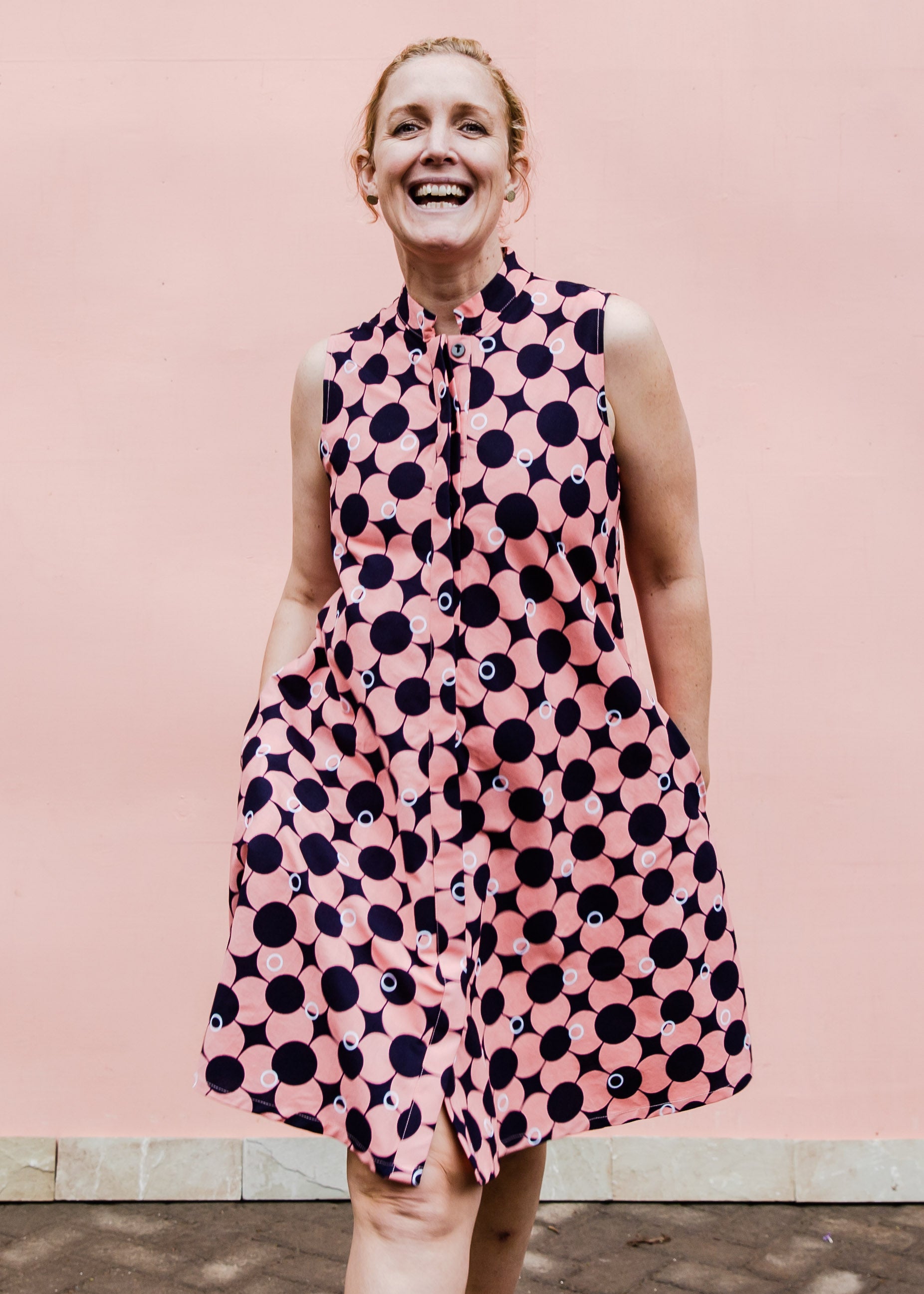 Pink dress with black and white dots