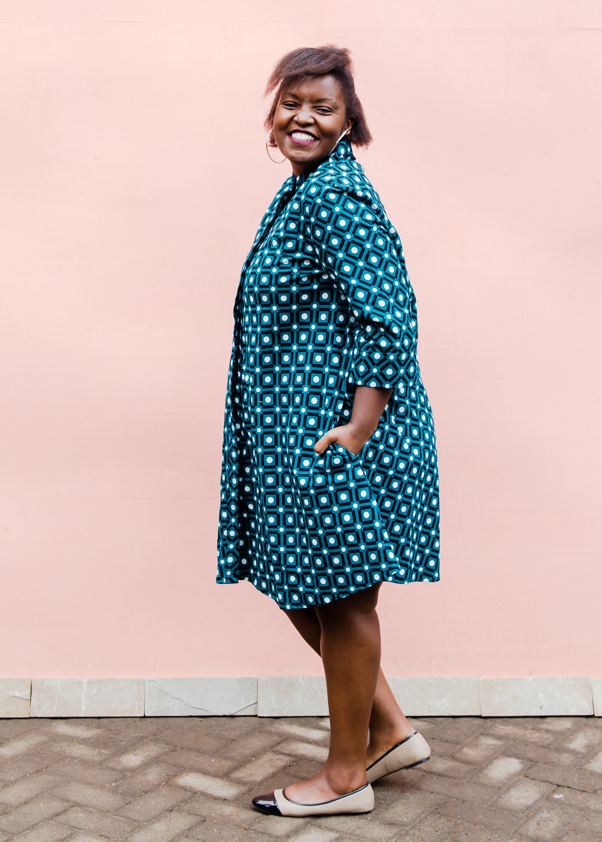 Teal dress with white dots