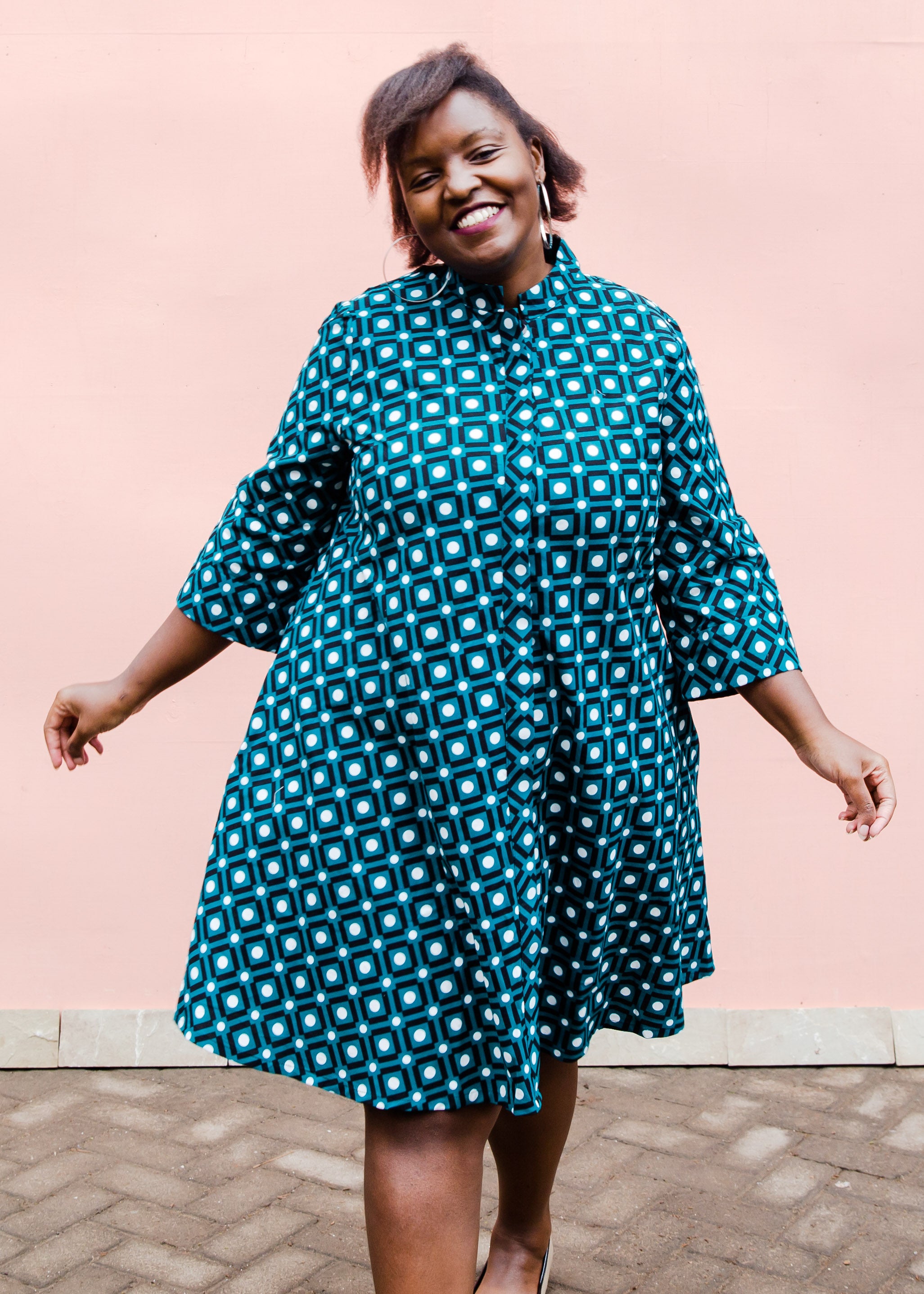 Teal dress with white dots